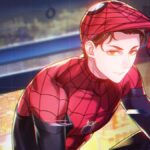 Anime-style spiderman lifting up his mask to reveal his face.