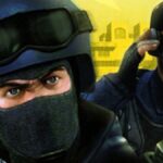 Masked Counter-Terrorist in helmet in forefront with sunglasses and beret-wearing CT in background touching headset