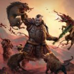 Path of Exile 2 showing the Warbringer ascendancy class bludgeoning his way through a pack of hyenas