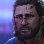 Gale, a wizard from Baldur's Gate 3, looks very bloodied and very sad at the player while a celestial midnight blooms behind his depressed mug.