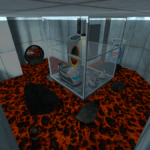 The starting chamber in Portal, but the floor is covered in lava.