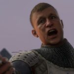 A man shouting while waving his sword in Kingdom Come: Deliverance 2.