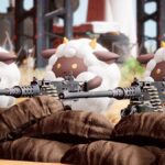 Three sheep with big guns in Palworld.